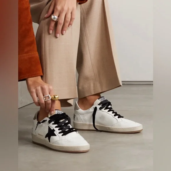 RARE! Golden Goose Ball Star distressed printed suede-trimmed leather sneakers - Picture 3 of 14